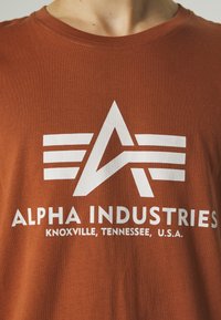 Smeđi pamučni T-shirt s bijelim grafičkim logotipom koji sadrži stilizirane bukve i horizontalne pruge, tekst uključuje "ALPHA INDUSTRIES" i detalje o lokaciji.
