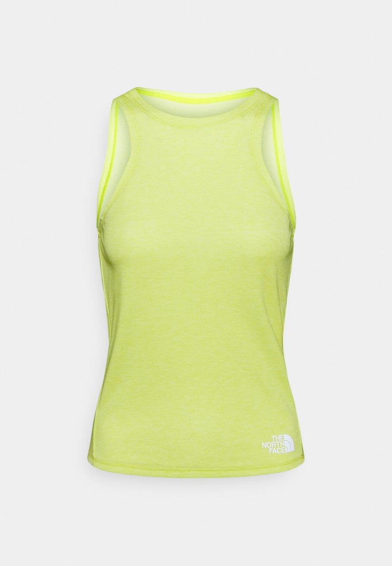 Ärmelloses Sportoberteil in leuchtendem Limettengrün mit rundem Ausschnitt, kontrastierendem Besatz und kleinem weißem Logo unten rechts.