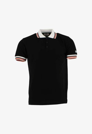 Polo nera a maniche corte con colletto bianco e polsini delle maniche con strisce rosse e nere, abbottonatura a tre bottoni e piccolo logo sulla manica.