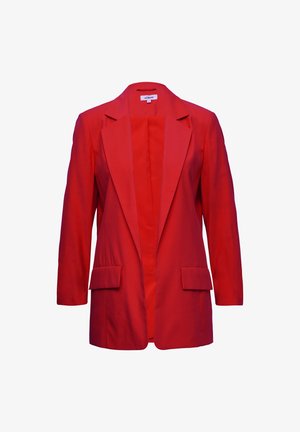 Roter Blazer mit Reverskragen, langen Ärmeln und zwei vorderen Taschen. Aus glattem Stoff gefertigt und mit einem einreihigen Knopfverschluss ausgestattet.