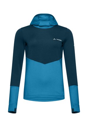 Pull à capuche sportif à manches longues bleu et bleu canard avec des ouvertures pour les pouces et le logo Vaude sur la poitrine et la manche.