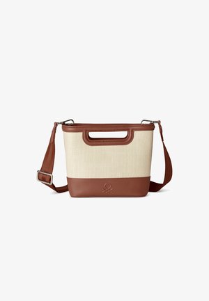Sac bourse en toile beige avec garniture en cuir marron, découpe intégrée pour la poignée, bandoulière réglable amovible marron, et logo embossé à l'avant.