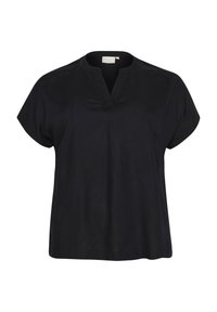 Haut noir à manches courtes avec un col en V, fabriqué en tissu lisse. Caractéristiques : coupe ample et ourlet droit. Étiquette indiquant "KAFFE."