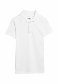 Vit kortärmad polo skjorta i bomull, med krage och tre knappar i placket, slät yta och klassisk passform.