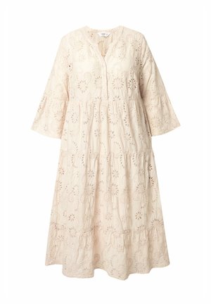 Embroidered knee-length dress in light beige with a tiered design, V-neck, button closure, and bell sleeves featuring floral cut-outs.