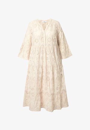 Robe brodée midi en beige clair avec un design à volants, décolleté en V, fermeture à boutons et manches en cloche avec découpes florales.