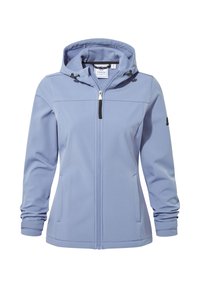 Light blue softshell jacket with a hood, zip closure, drawstrings, two side pockets, and elastic cuffs. Smooth texture, casual design.