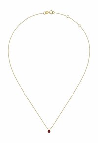 Goldfarbene Kettenhalskette mit einem einzelnen runden roten Edelsteinanhänger, der ein zartes Kettendesign und einen sicheren Karabinerverschluss aufweist.