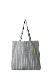 Szara torba na ramię z białymi pionowymi paskami, wykonana z miękkiego materiału. Posiada dwie długie rączki oraz obszerne prostokątne wnętrze.