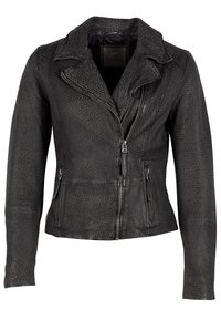 Schwarze Lederjacke mit strukturiertem Muster, ausgestattet mit asymmetrischem Reißverschluss, spitzem Kragen und zwei Reißverschlusstaschen auf der Vorderseite.