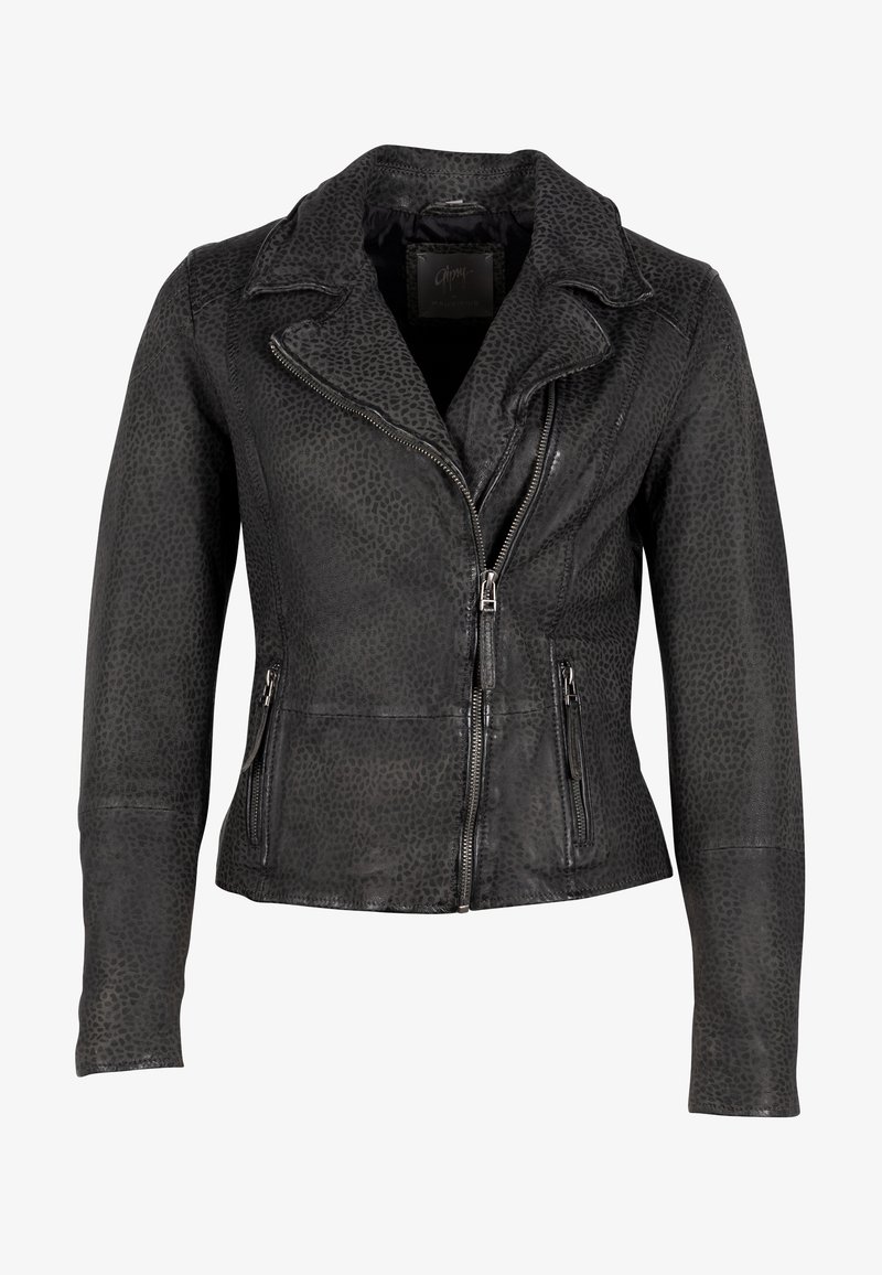 Schwarze Lederjacke mit strukturiertem Muster, ausgestattet mit asymmetrischem Reißverschluss, spitzem Kragen und zwei Reißverschlusstaschen auf der Vorderseite.