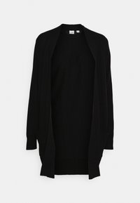 Cardigan long noir avec ouverture devant, manches longues et deux poches avant. Confectionné en tissu côtelé doux avec une coupe décontractée.