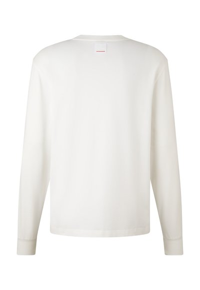 Long-sleeve, white cotton t-shirt with a round neckline, soft texture, and a small tag detail at the back neck. Simple and minimal design.