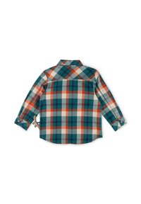 Camicia a maniche lunghe a quadri con una combinazione di colori teal, ruggine, bianco e beige. Realizzata in tessuto morbido, con polsini abbottonati e una vestibilità rilassata.