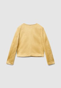 Yellow faux suede jacket with a smooth texture, cropped design, and long sleeves. Features simple stitching and a round neckline.