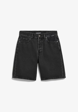 Black denim shorts with front button, belt loops, and five pockets, laid flat on a white background.