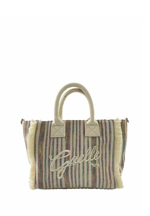Borsa tote in tessuto a righe con manici beige, lati con frange e "Gaelle Paris" ricamato sul davanti.