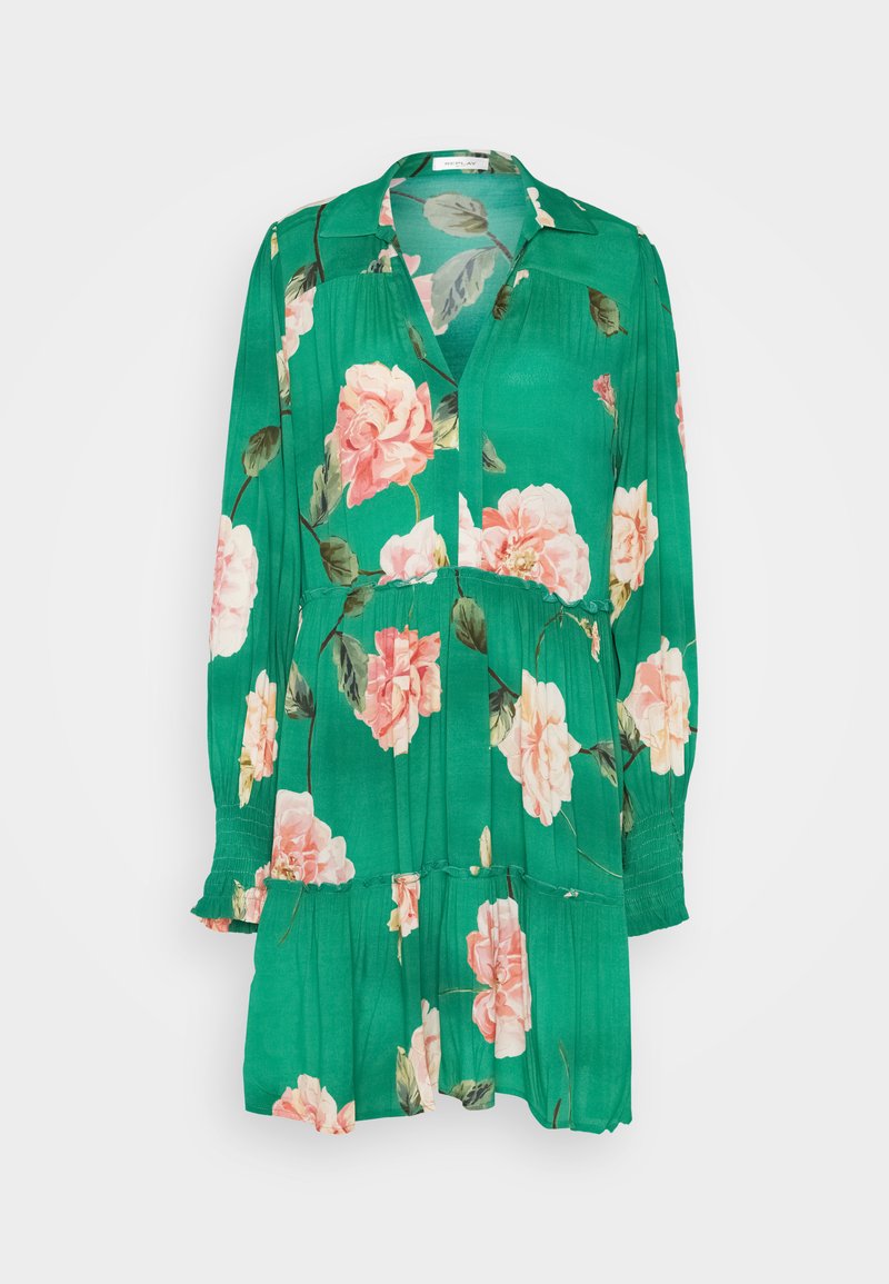 Grünes Blumenkleid mit langen Ärmeln, das mit rosa Rosen verziert ist, Knopfleiste vorne hat und einen gestuften Saum aus leichtem Stoff besitzt.