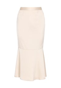 Falda midi beige con un dobladillo acampanado, tejido liso y una cintura de satén. Incluye bolsillos delanteros y una silueta ajustada.