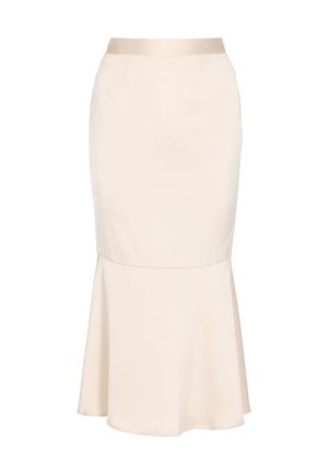 Beżowa spódnica midi z rozkloszowanym dołem, gładkim materiałem i satynowym pasem. Posiada przednie kieszenie i dopasowany krój.