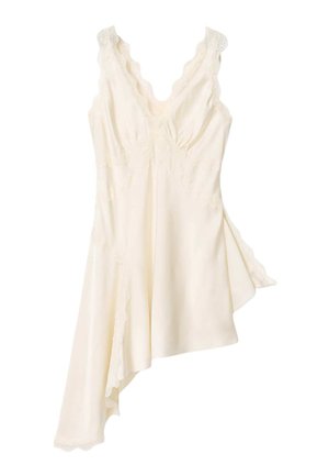 Ärmelloses asymmetrisches Kleid in Creme mit Spitzenbesatz entlang des Ausschnitts und Saums, aus weichem, fließendem Stoff mit taillierter Brustpartie.