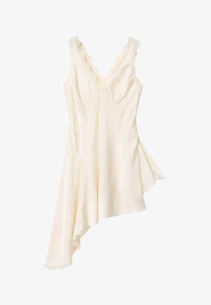 Ärmelloses asymmetrisches Kleid in Creme mit Spitzenbesatz entlang des Ausschnitts und Saums, aus weichem, fließendem Stoff mit taillierter Brustpartie.