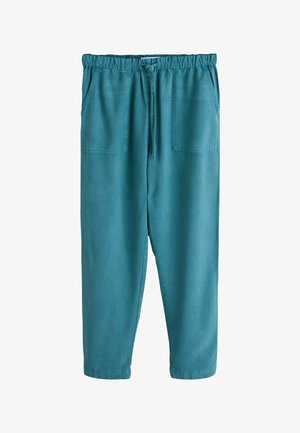 Sininerohelised vabaaja püksid elastse vöökohaga, paelaga, kahe esipõsekotiga ja sirge säärega.