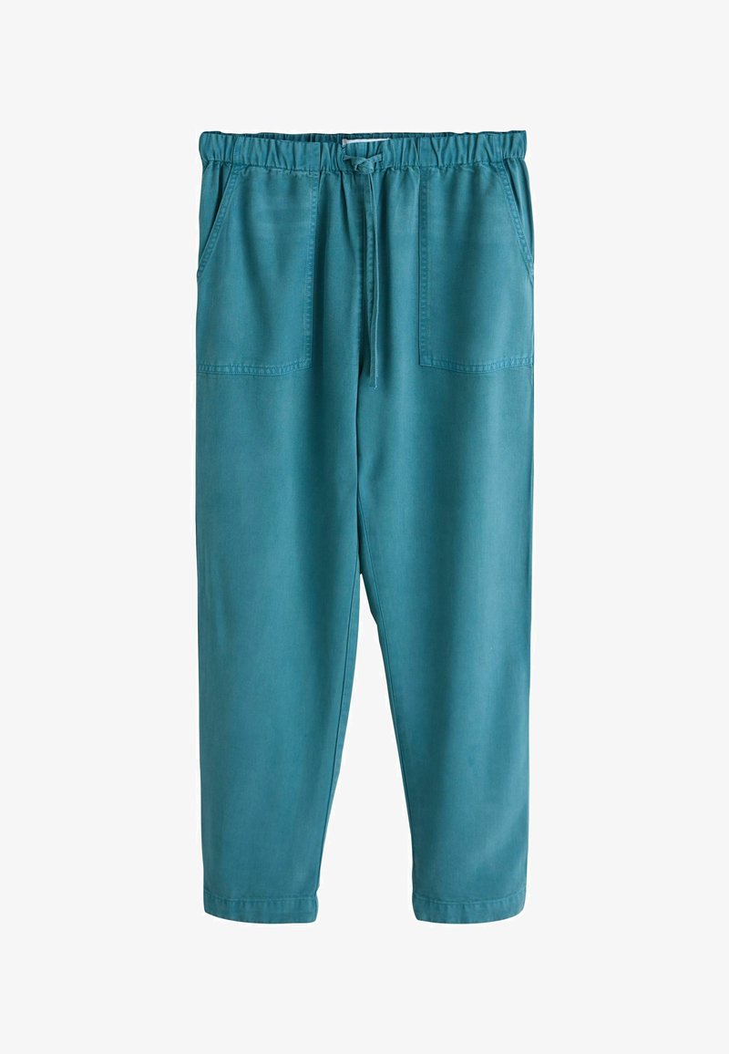 Türkizkék alkalmi nadrág elasztikus derékpánttal, húzózsinórral, két elülső foltzsebbel és egyenes szárú szabással.