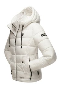 White puffer jacket with a hood, zipper closure, side pockets, black accent details, and embroidered logo. Smooth, quilted texture.