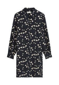Granatowa sukienka w kremowy, kwiatowy wzór, z długimi rękawami, kołnierzykiem i zapinanym na guziki dekoltem. Wykonana z lekkiego materiału.