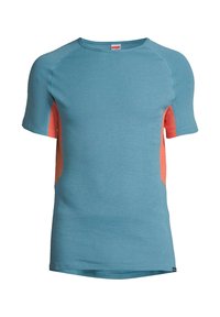 T-shirt a maniche corte in tessuto blu con pannelli laterali color corallo. Collo a giro e texture morbida, che conferisce un aspetto casual. Orlo dritto.