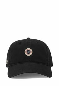 Casquette de baseball noire en coton avec un logo rond brodé à l'avant, featuring des accents blancs, rouges et verts. Texture lisse.