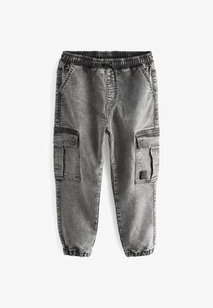 Sive hlače s cargo krojem in elastičnim pasom, s vrvico, stranskimi žepi in dvema žepoma na stegnih; nekoliko strukturirana tkanina z bledi končno obdelavo.