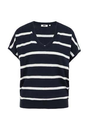 Jūras zila un balta svītraina īsām piedurknēm V-veida kakla augšdaļa, izgatavota no mīksta auduma, ar brīvu piegriezumu un ribotu kakla izgriezumu un apakšmali.