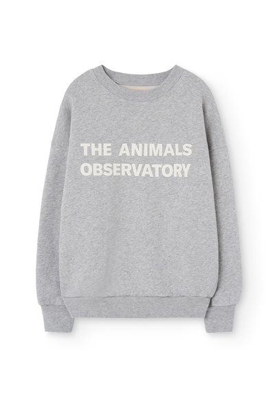 Sivá mikina vyrobená z mäkkého zmesového bavlneného materiálu, s okrúhlym výstrihom a rebrovanými manžetami. Text "THE ANIMALS OBSERVATORY" v tučných bielych písmenách.