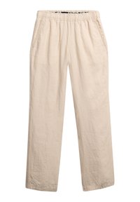 Pantaloni beige chiaro realizzati in un tessuto morbido e testurizzato. Presentano un elastico in vita e tasche laterali. Design a gamba dritta e ampia.