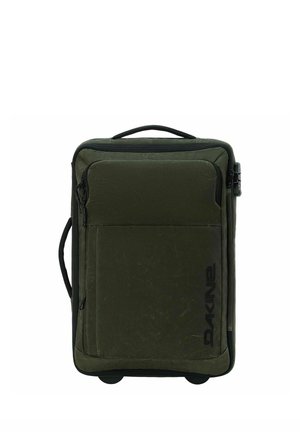 Valigia soft-shell verde scuro con manici superiore e laterali, tasca frontale con cerniera e logo Dakine nero nell'angolo in basso a destra.