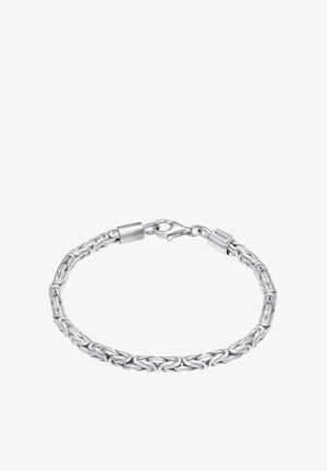 Bracciale con maglia intrecciata in argento, dotato di chiusura a moschettone e texture liscia. Le maglie sono intrecciate, creando una finitura lucida.