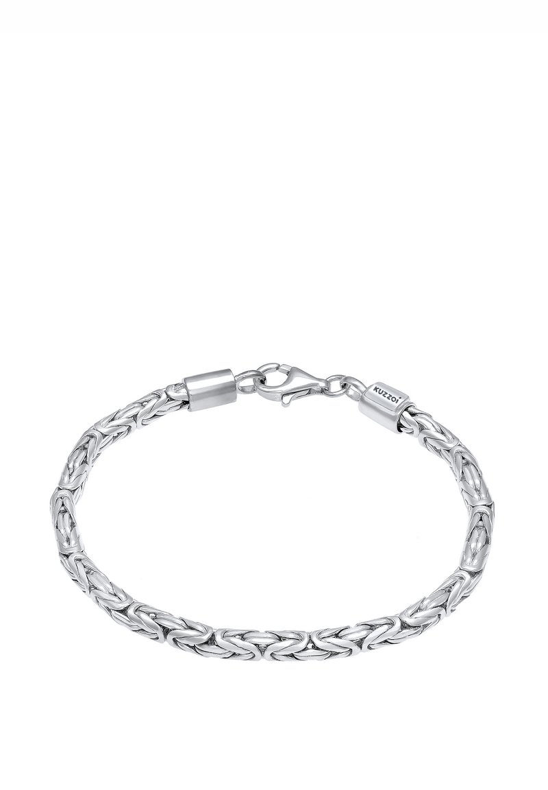 Silbernes Kettenarmband mit geflochtenem Design, ausgestattet mit einem Karabinerverschluss und glatter Oberfläche. Die Glieder sind ineinander verwoben und schaffen ein poliertes Finish.