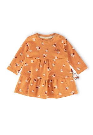 Langärmliges oranges Kleid mit floralem Muster, schichtmäßigem Rock und Druckknopfdetail. Weiches Material mit gesticktem Logo auf der Brust.