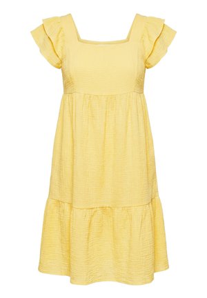 Yellow textured midi dress with square neckline, short ruffled sleeves, and a gathered tiered skirt.