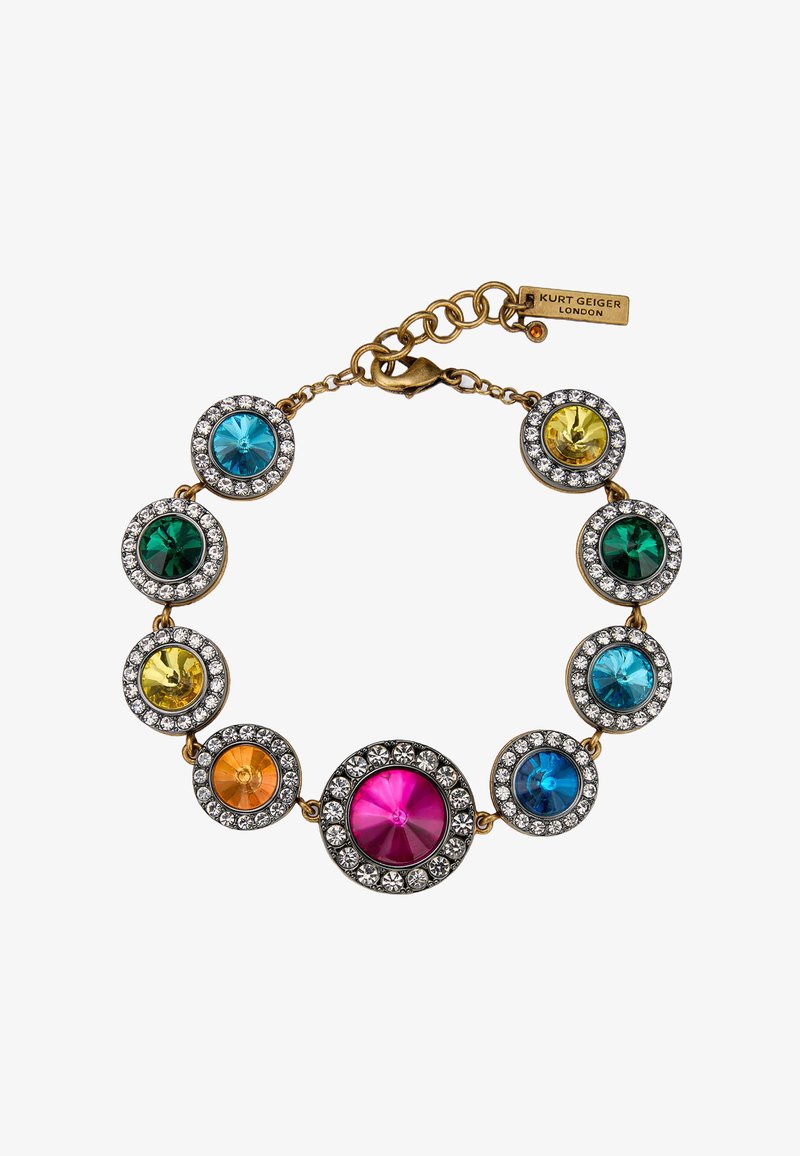 Bracciale dorato con otto gemme rotonde multicolori montate su basi con cristalli trasparenti circostanti e chiusura a moschettone.