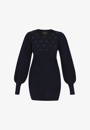 Suéter de punto azul marino con escote redondo, mangas abullonadas y detalles perlados en la parte delantera. Textura suave y silueta ajustada.