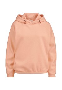 Felpa con cappuccio color pesca in pile, con una vestibilità rilassata, cappuccio con coulisse e maniche raglan. Presenta polsini e orlo a coste. Texture morbida.