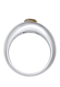 Anello in argento con una fascia liscia e arrotondata e una prominente incastonatura di pietra marrone sulla parte superiore. Finitura lucida, senza ulteriori motivi o accenti.