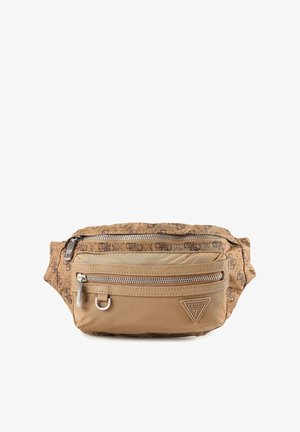 Tan taillezak met logopatroon, voorzien van meerdere met rits afsluitbare compartimenten en hardware in zilverkleurige tint. Gemaakt van duurzaam stof met een gladde textuur.