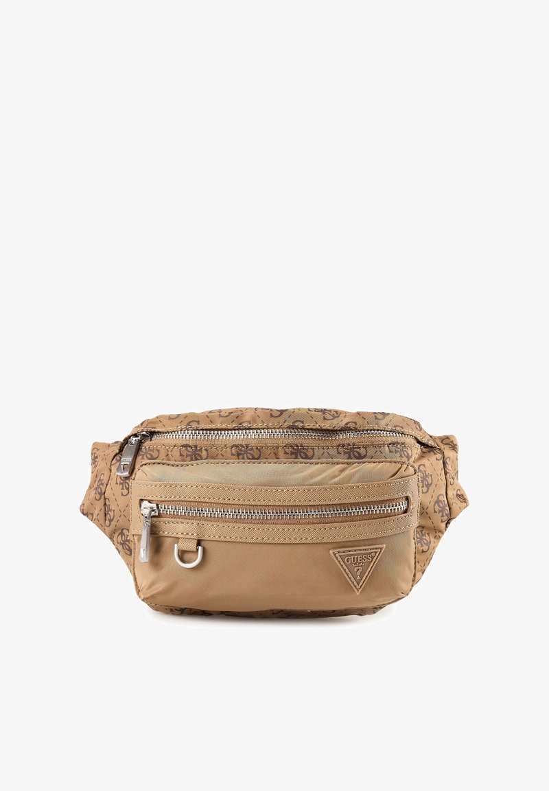 Ταν καφέ τσαντάκι μέσης με μοτίβο λογότυπου, με πολλαπλές θήκες με φερμουάρ και αξεσουάρ σε ασημί απόχρωση. Κατασκευασμένο από ανθεκτικό ύφασμα με λεία υφή.