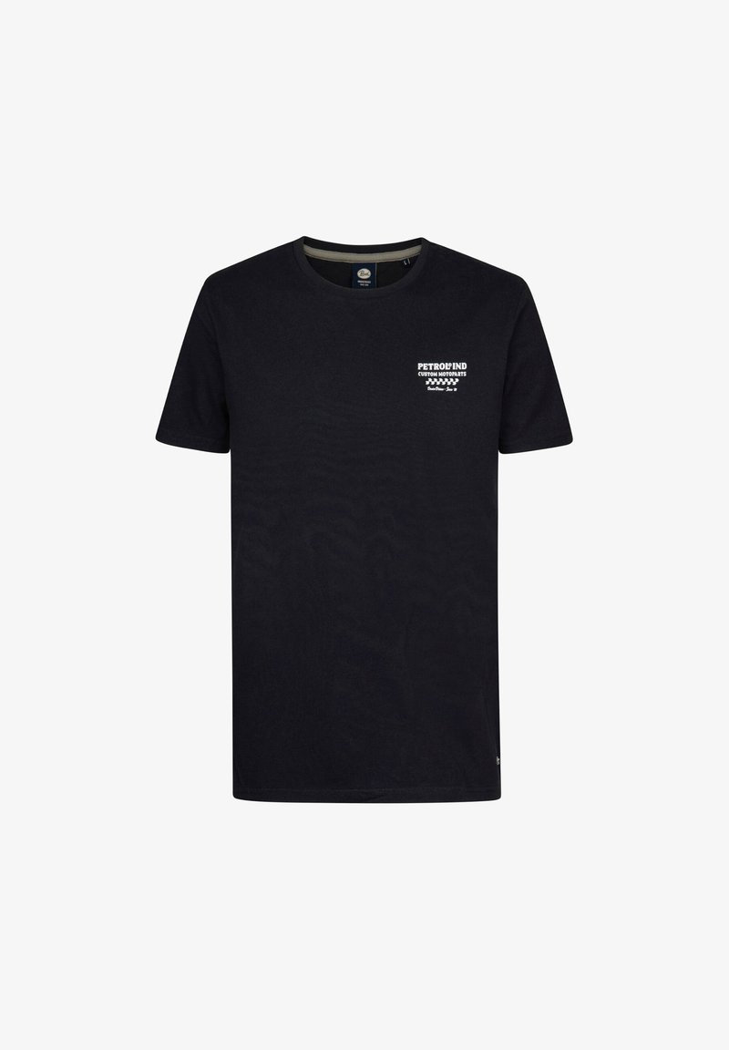Camiseta de algodón negra con mangas cortas, cuello redondo y logo en blanco "PETROFIND CUSTOM MOTORSPORTS" impreso en el lado izquierdo del pecho.