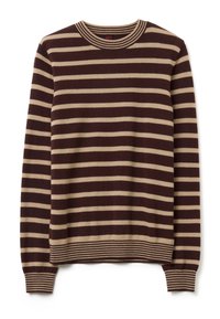 Maglione a righe con strisce orizzontali marroni scure e beige, scollo rotondo, polsini e orlo a costine, morbido materiale a maglia.