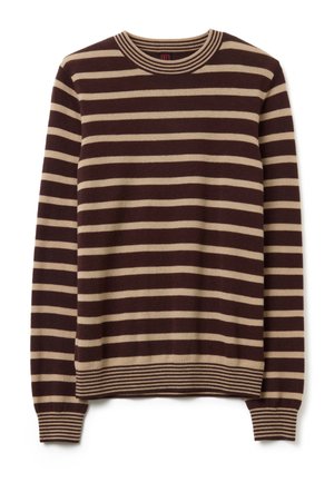 Pull rayé avec des bandes horizontales marron foncé et beige, encolure ronde, poignets et ourlet côtelés, en matériau tricot doux.